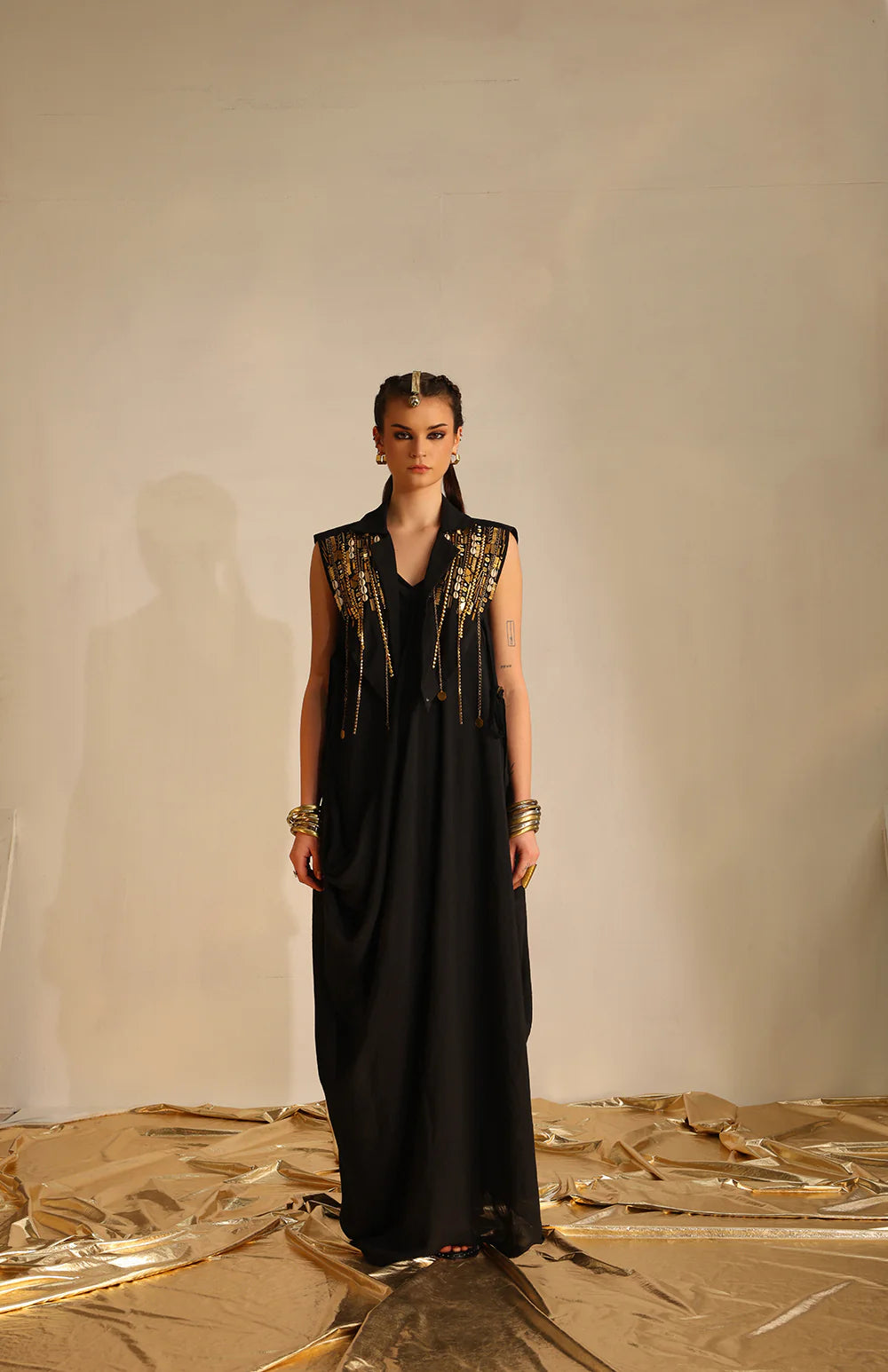 Black Cowl Dress With A Cape Blazer Waistcoat