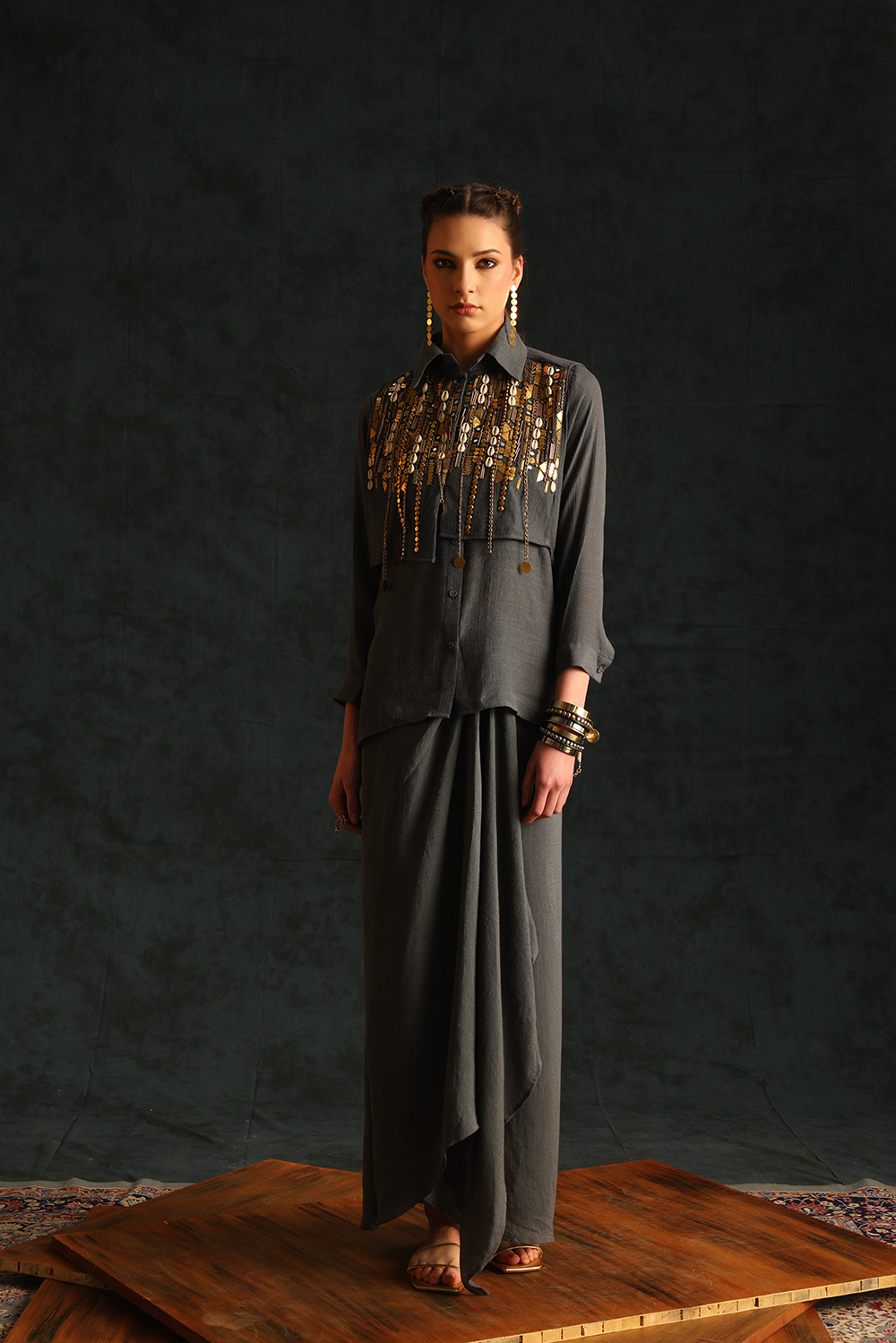 Dark Grey Heart Shirt Set With A Panel Waistcoat