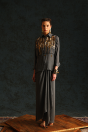 Dark Grey Heart Shirt Set With A Panel Waistcoat