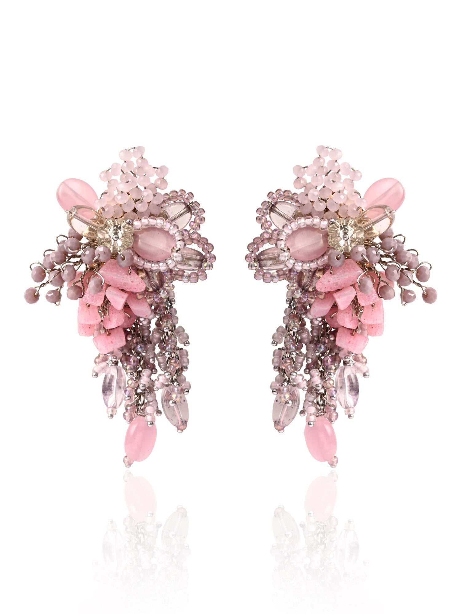 Pink And Lilac Stone Medium Size Chain Tassel Earrings