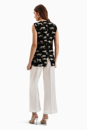 Black Leopard Jacquard Jacket with White Linen Pants