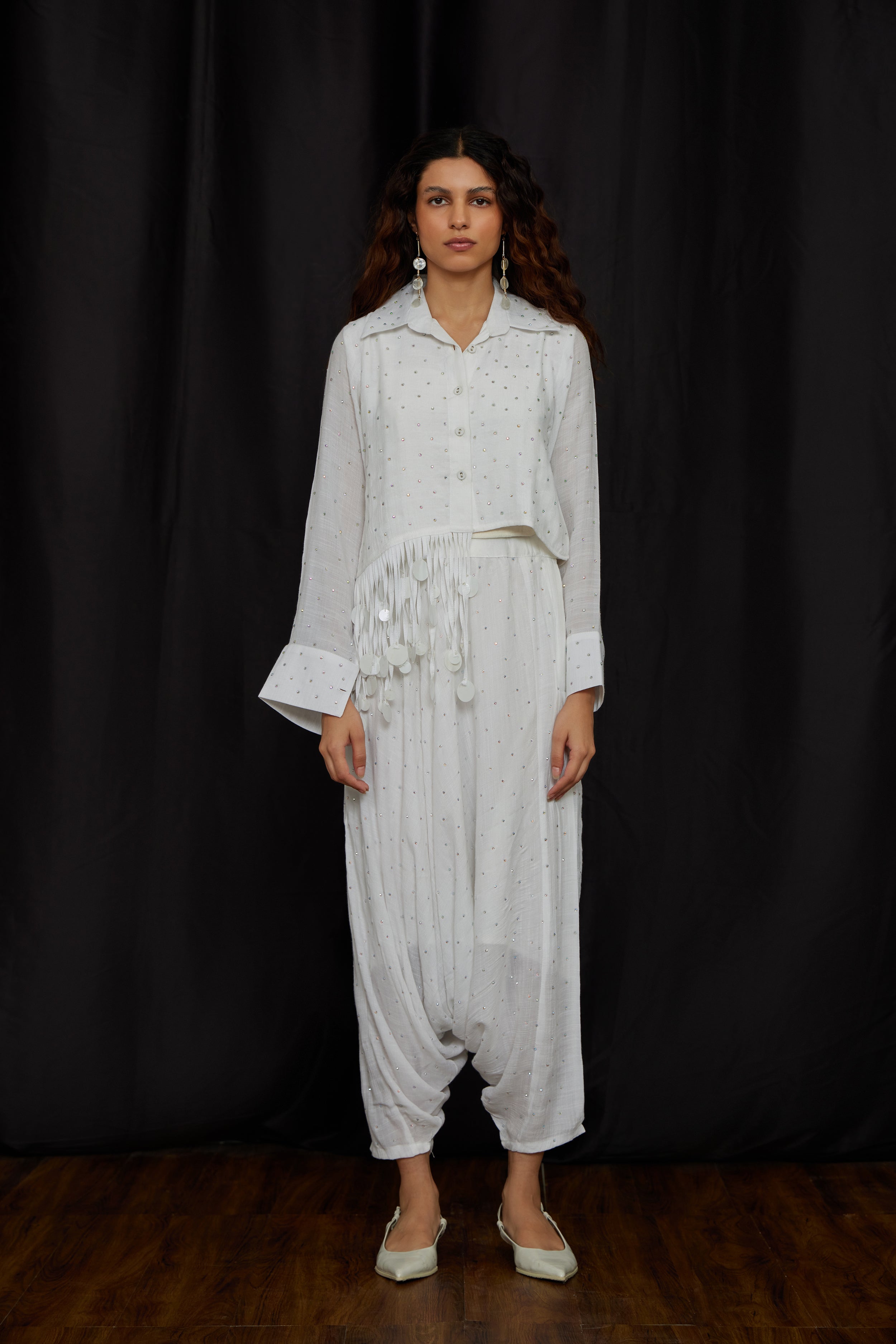 White Crop Jhalar Shirt Set