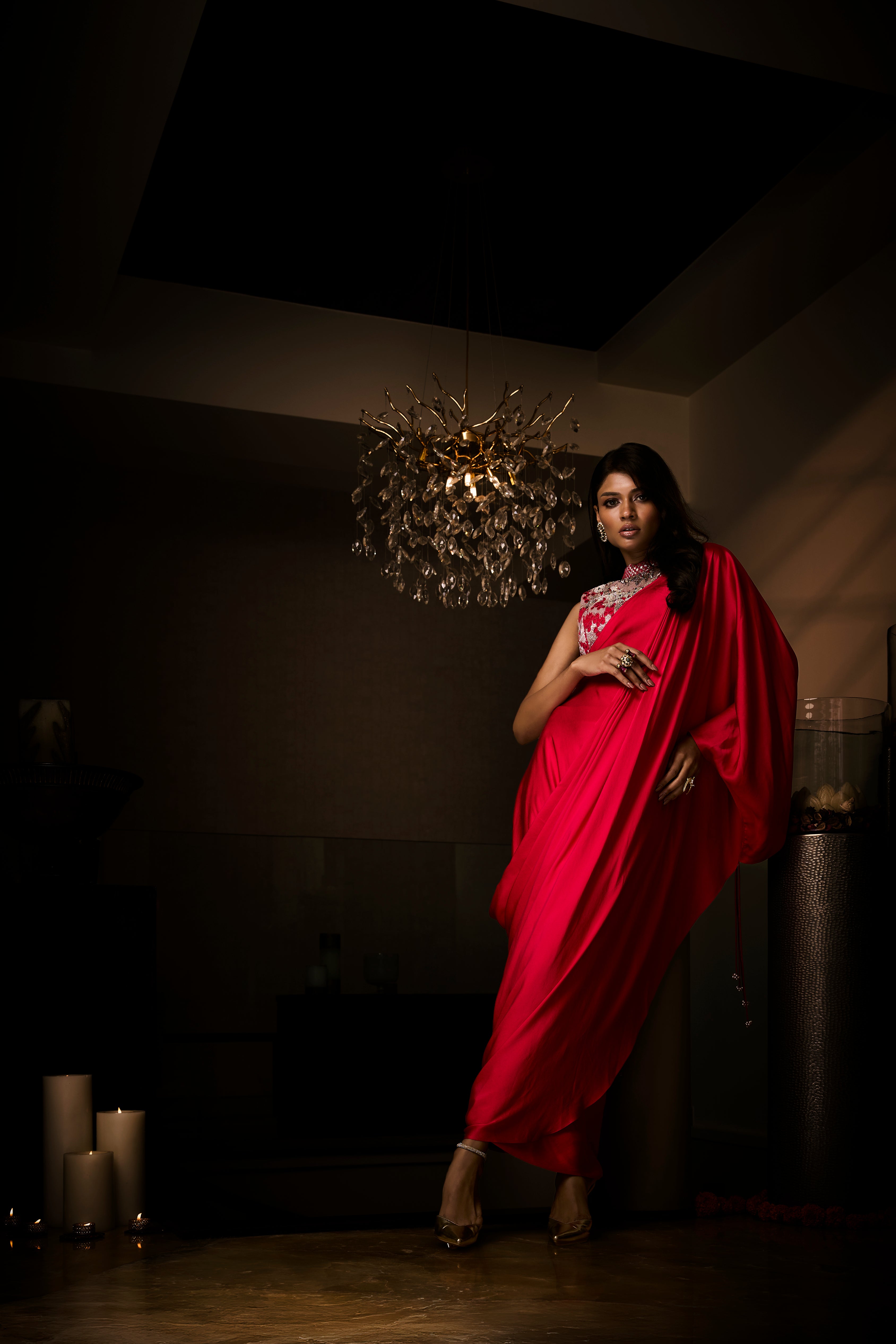 Sangria Silk Satin Pre Draped Saree