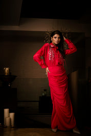 Sangria Silk Satin Cowl Skirt Paired with an Organza Shirt