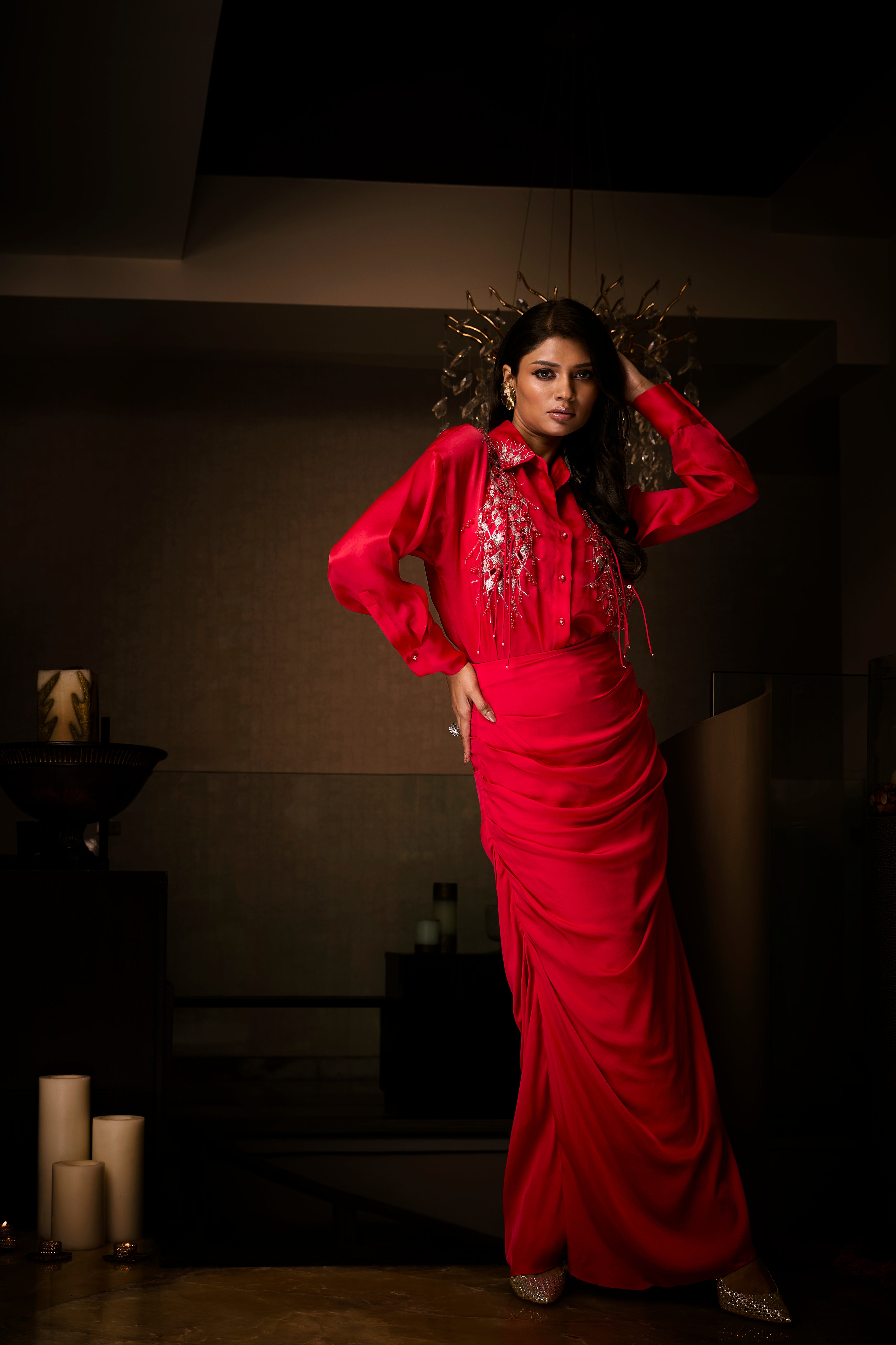 Sangria Silk Satin Cowl Skirt Paired with an Organza Shirt