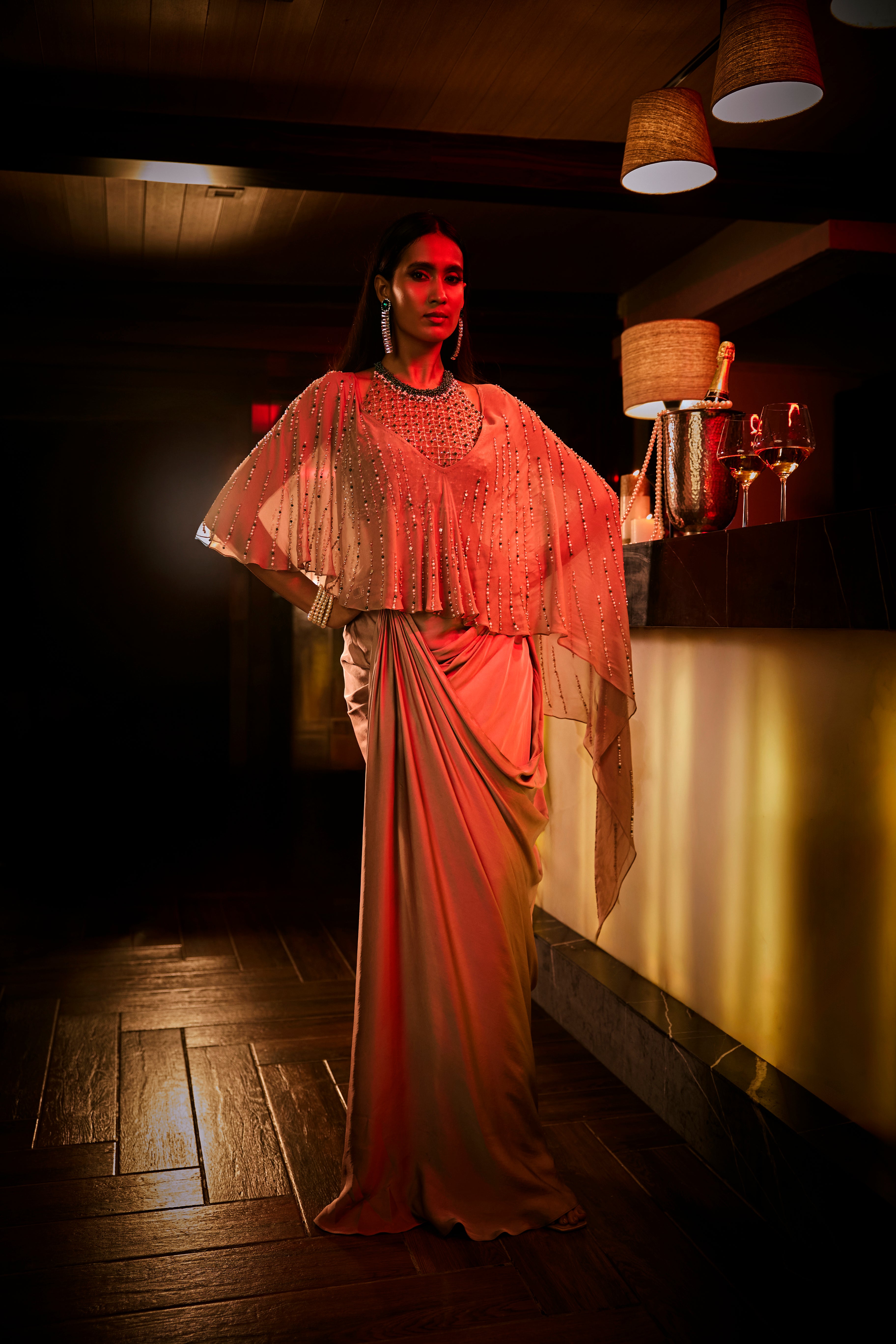 Taupe Draped Skirt With Structured Blouse and Sheer Cape
