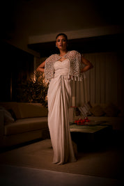 Ivory Draped Dress Paired With Geometric Embellished Cape Jacket