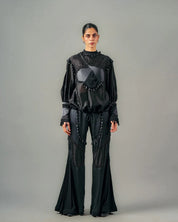 Cross Gathered Top & Sheer Insert Godet Trouser Set