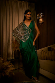 Emerald Green Draped Saree Paired with Embroidered Tulle Cape