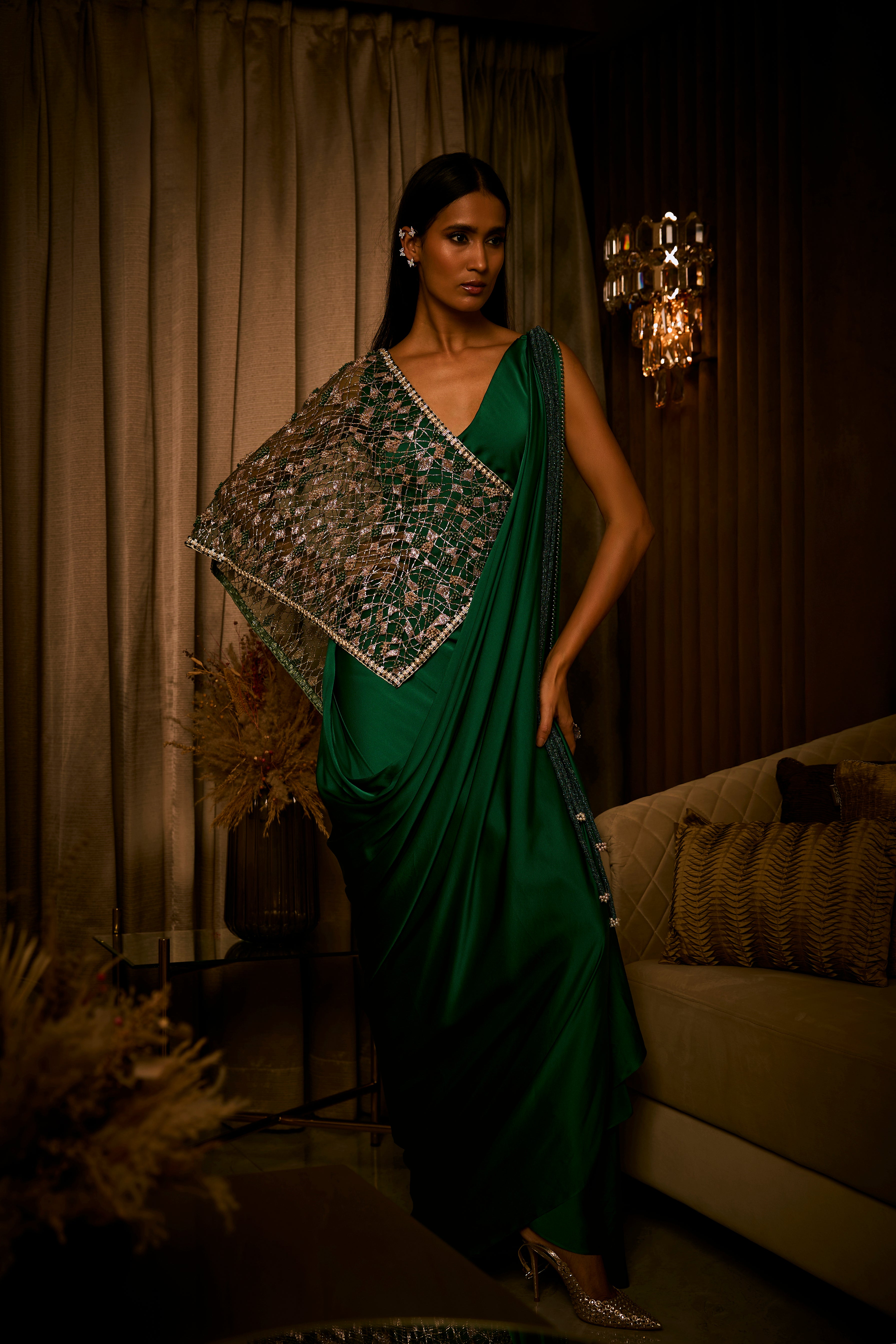 Emerald Green Draped Saree Paired with Embroidered Tulle Cape