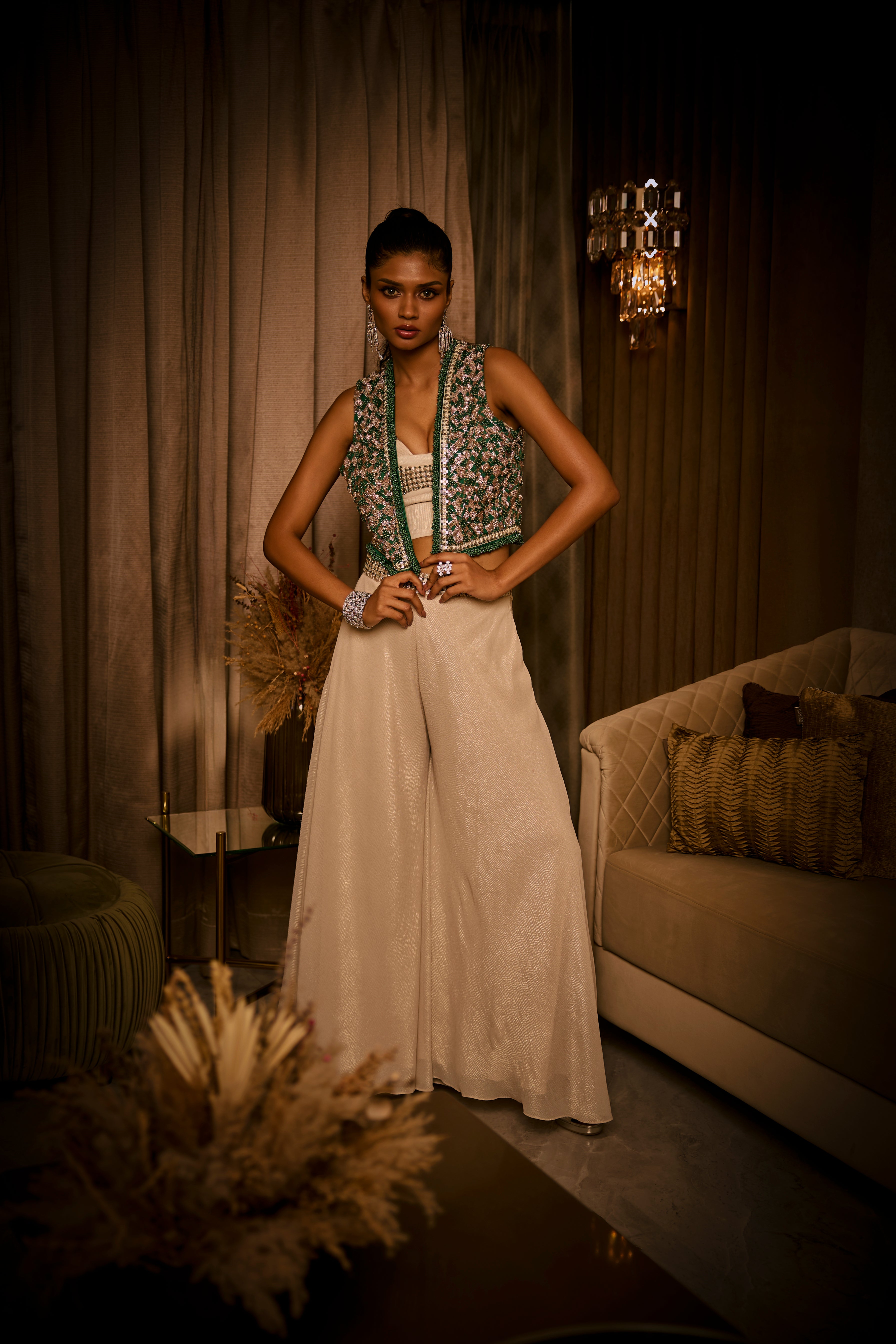 Ivory Flared Pants, Bustier and Green Jacket