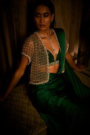 Emerald Green Pre Draped Saree With Bralette And Cape