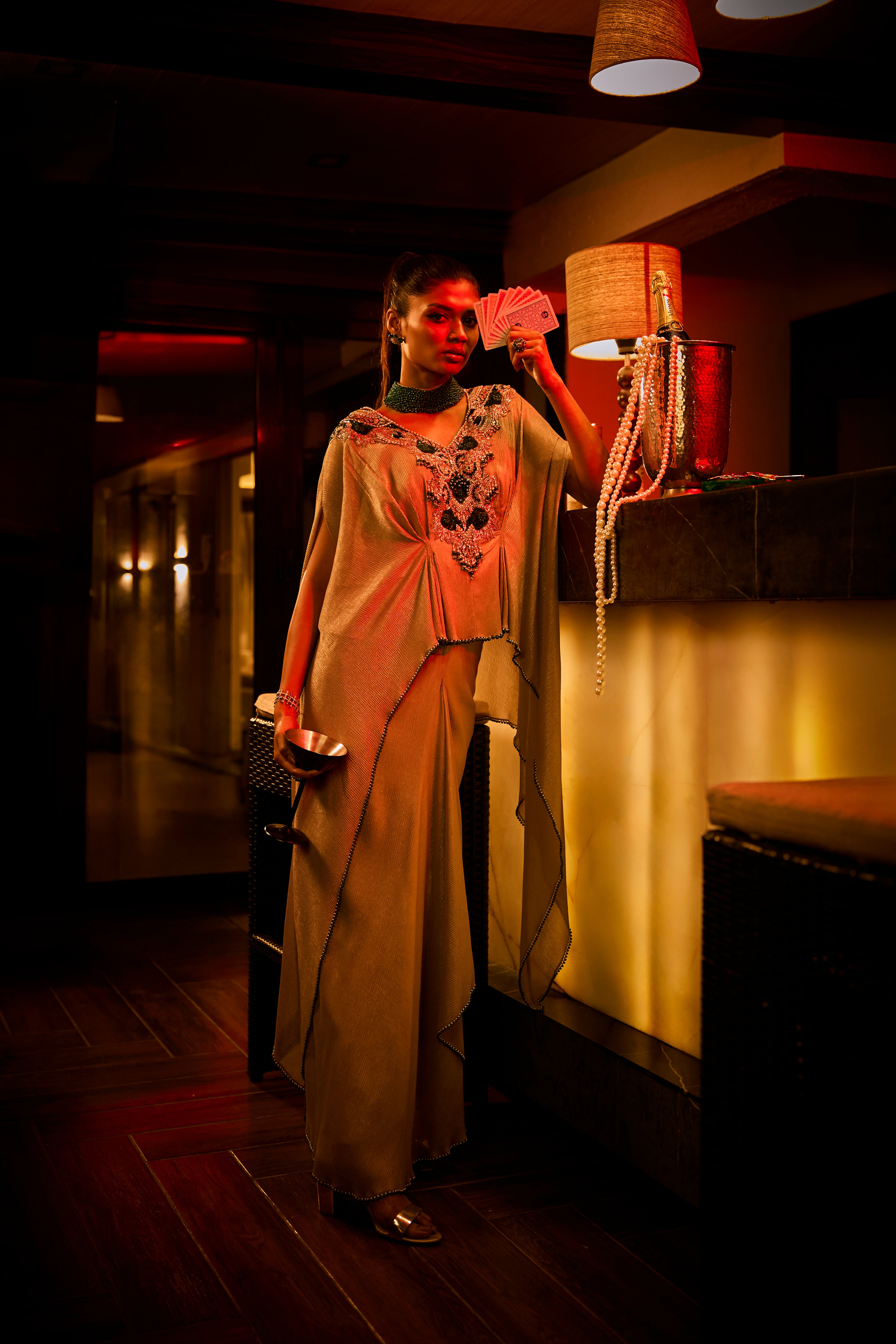 Taupe Crushed Fabric Cape Set Paired with a Draped Skirt