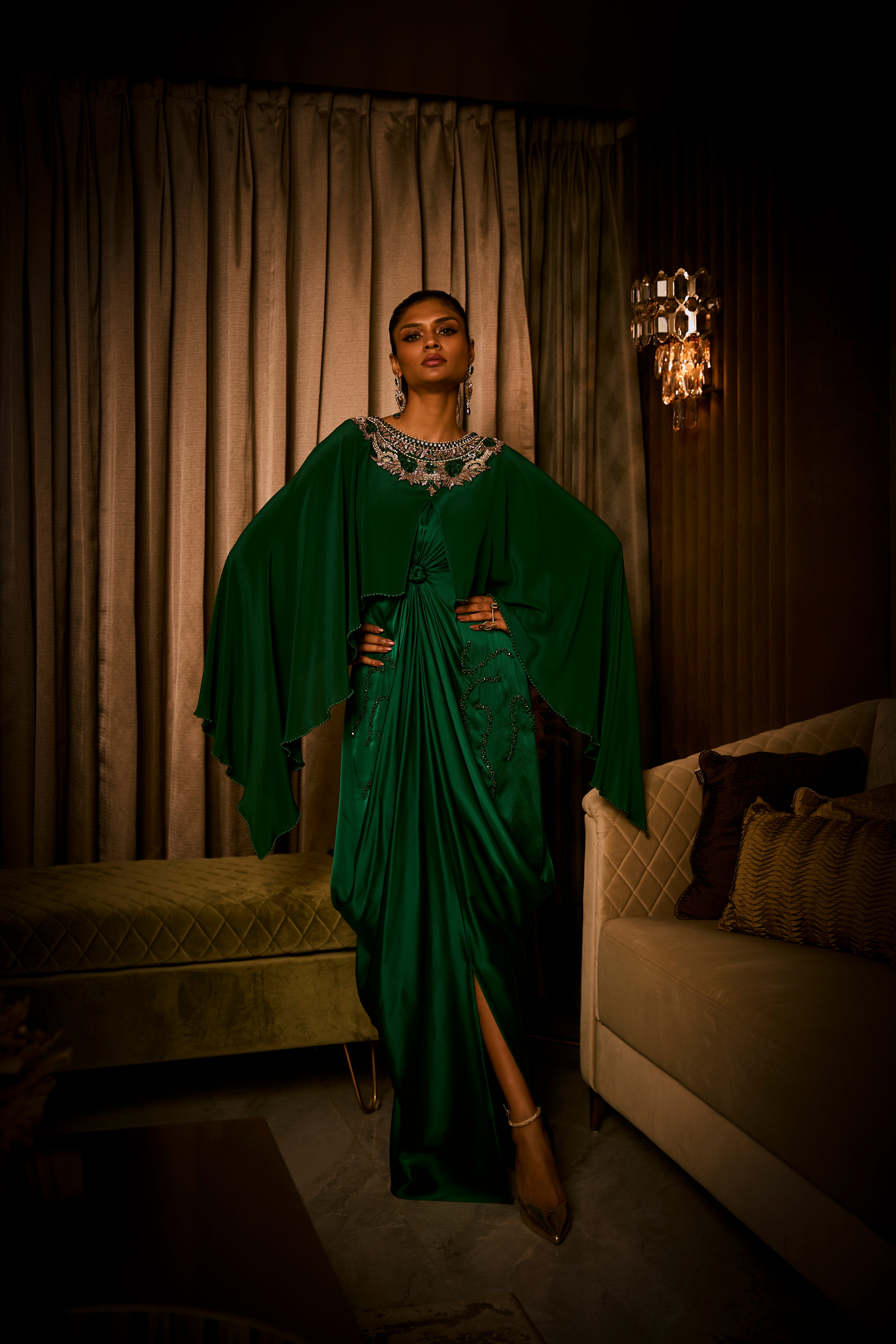 Emerald Green Pure Silk Satin Dress with an Attached Cape