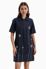 Dark Herringbone Denim Flower Dress
