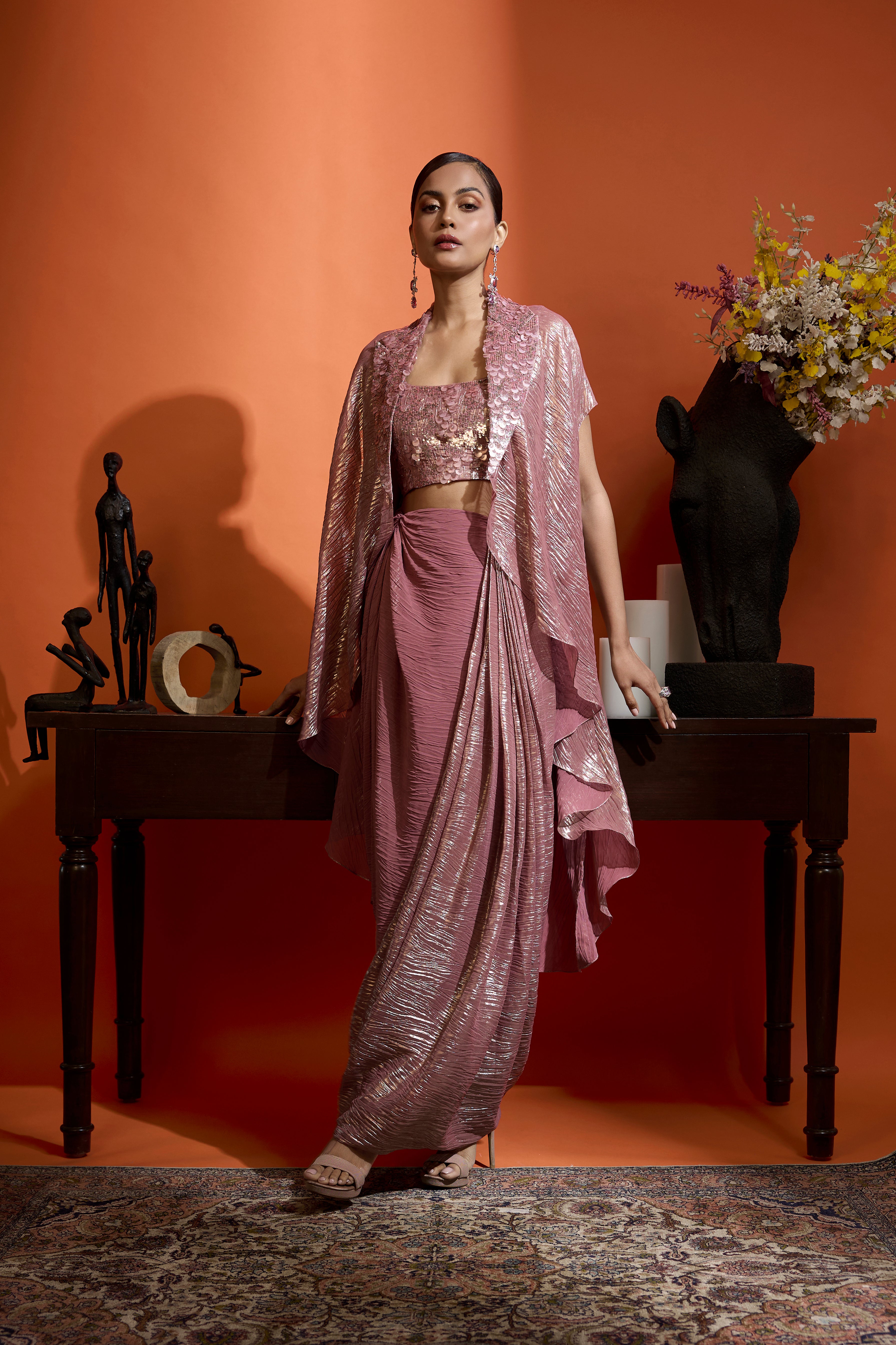 Metallic Rose Draped Ensemble