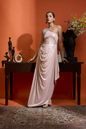 Champagne Pink One Shoulder Drape Gown