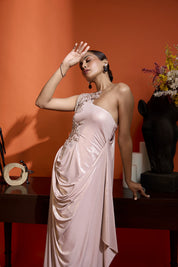 Champagne Pink One Shoulder Drape Gown