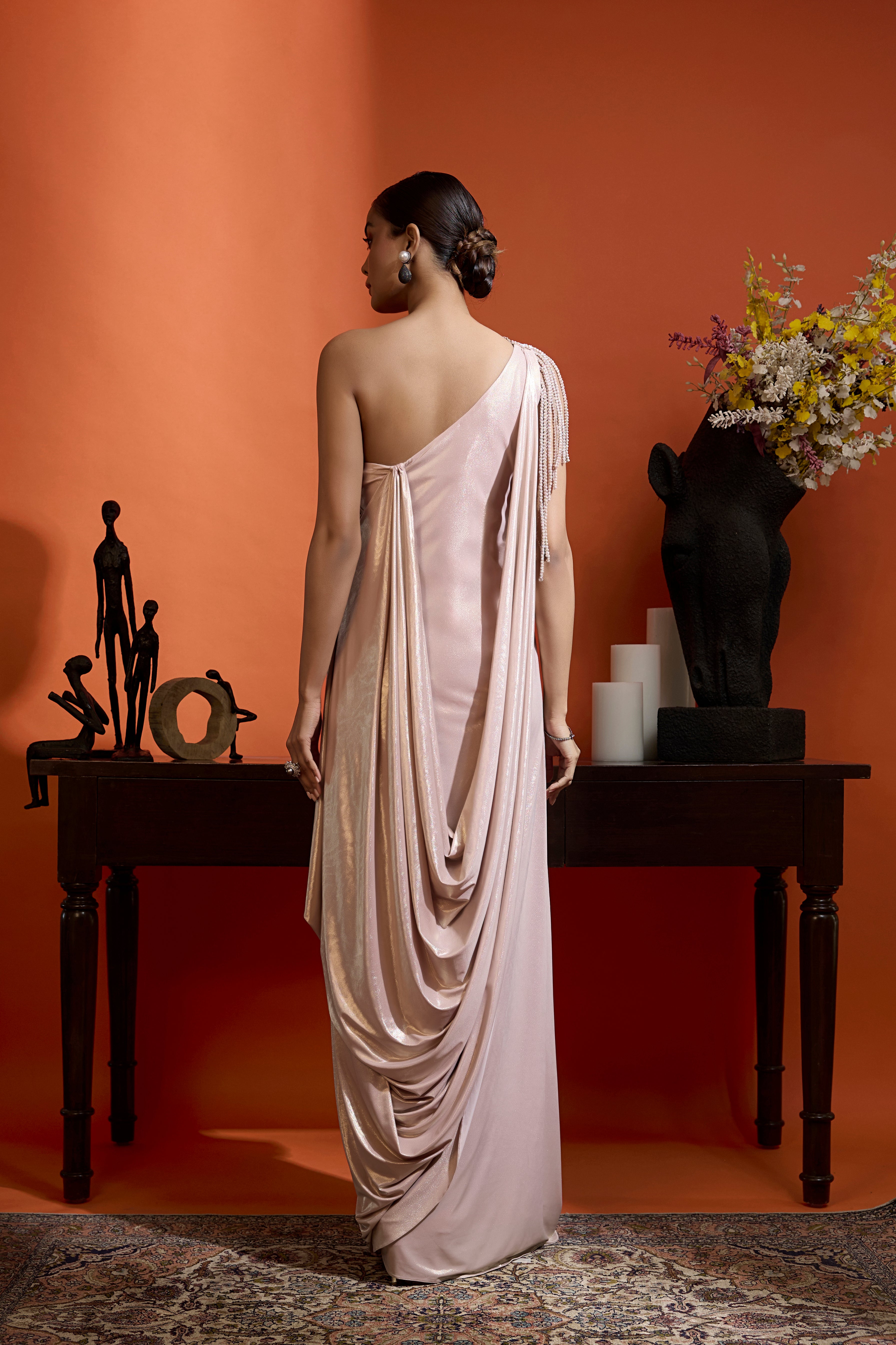 Champagne Pink One Shoulder Drape Gown