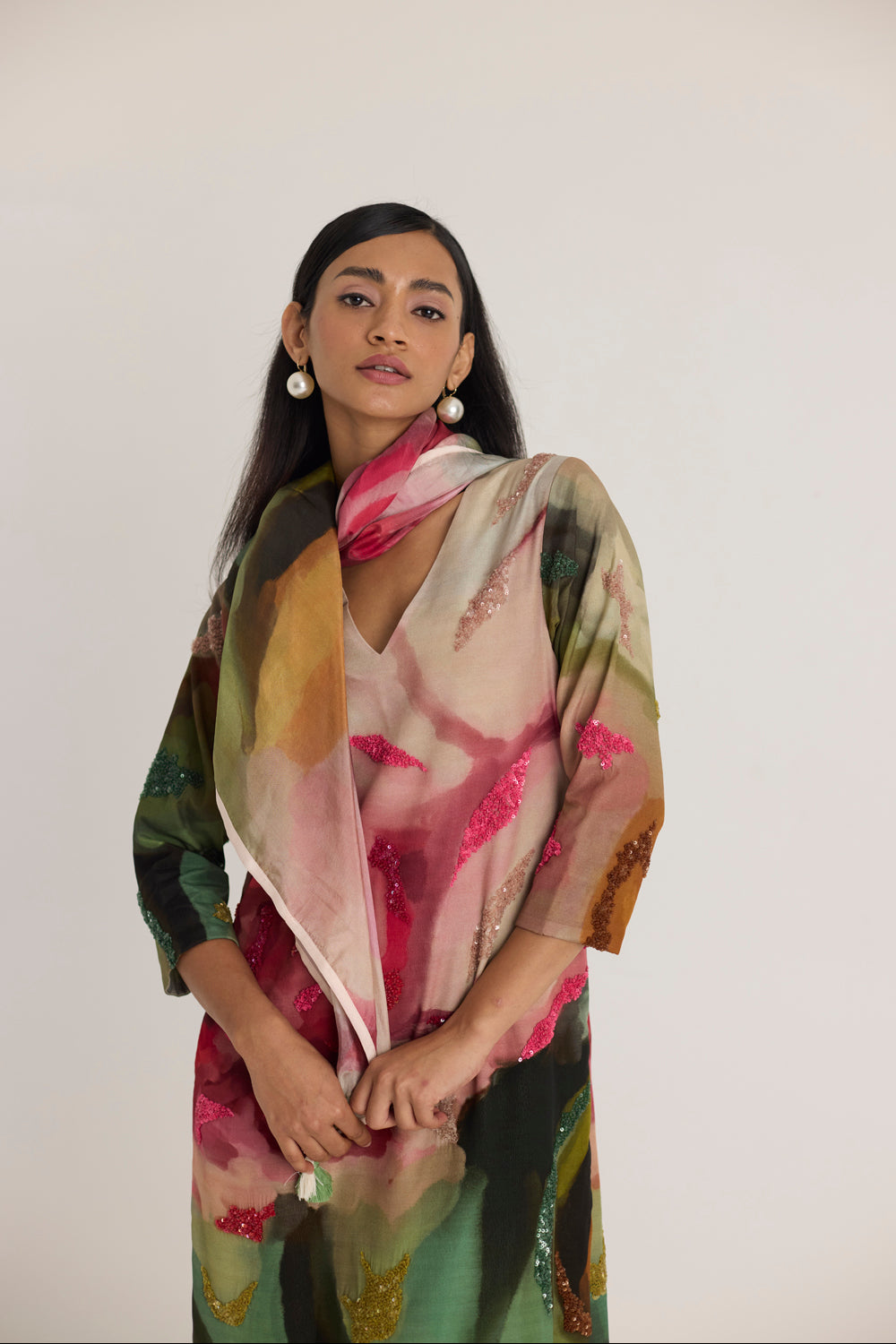 Tilly Embroidered Long V Neck Kurta Set