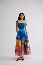Rainbow Garden Draped Off Shoulder Dress