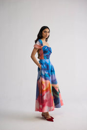 Rainbow Garden Draped Off Shoulder Dress