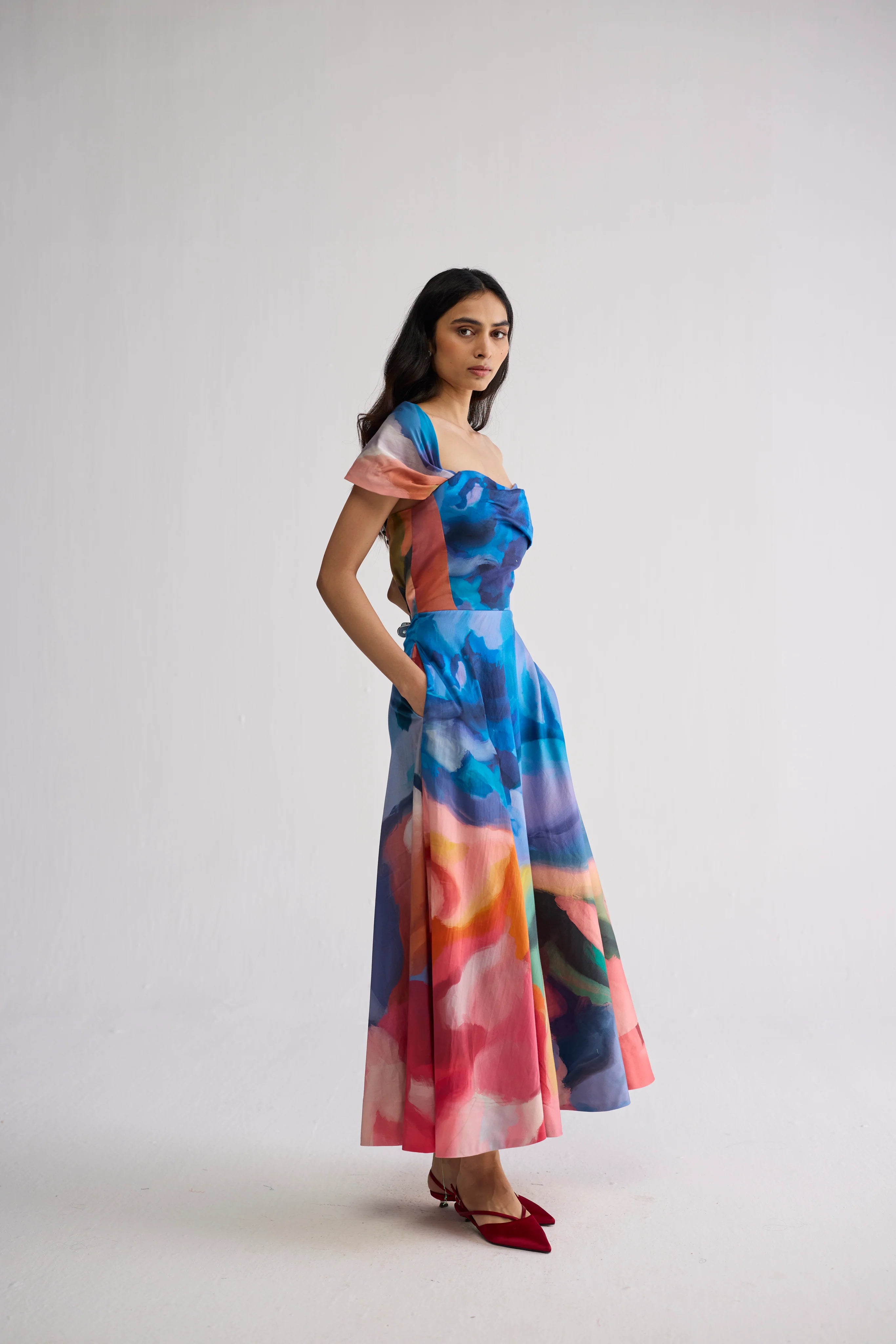 Rainbow Garden Draped Off Shoulder Dress