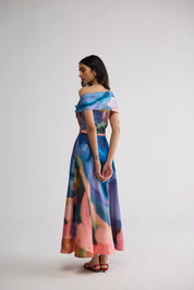 Rainbow Garden Draped Off Shoulder Dress