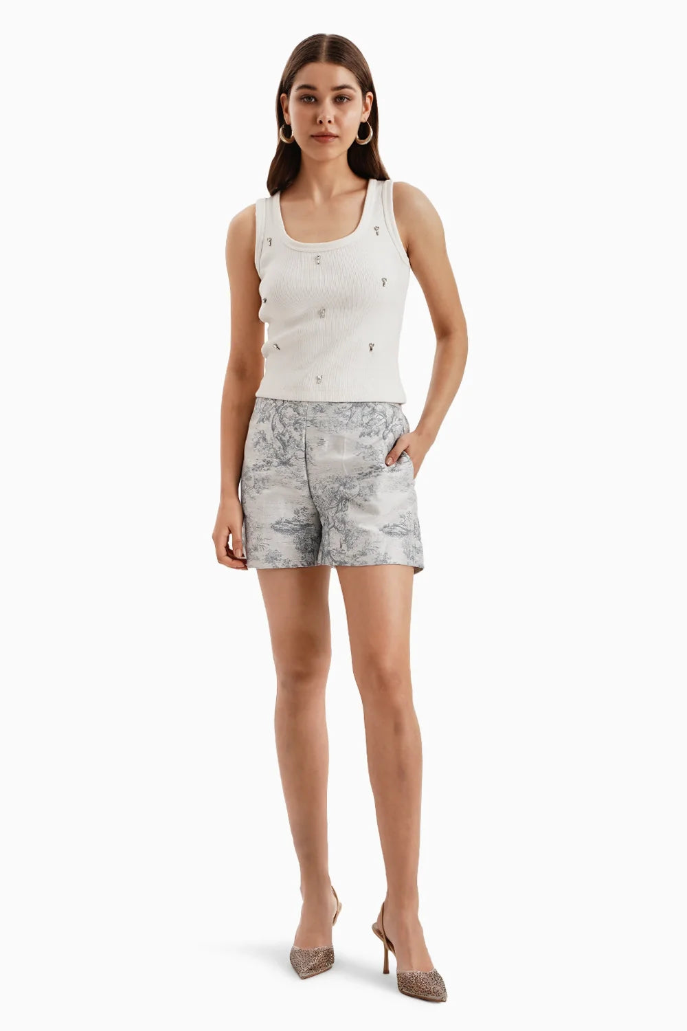 Blue Grey Silk Jacquard Shorts and Tank Top