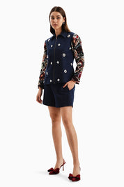 Dark Herringbone Jacket Set with Stamp Jacquard Sleeves