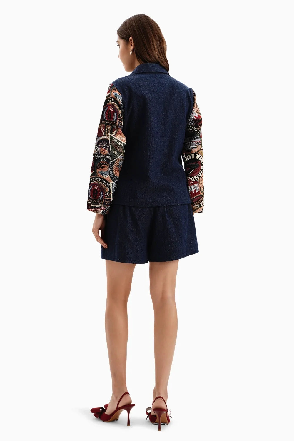 Dark Herringbone Jacket Set with Stamp Jacquard Sleeves