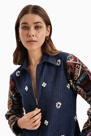 Dark Herringbone Jacket Set with Stamp Jacquard Sleeves