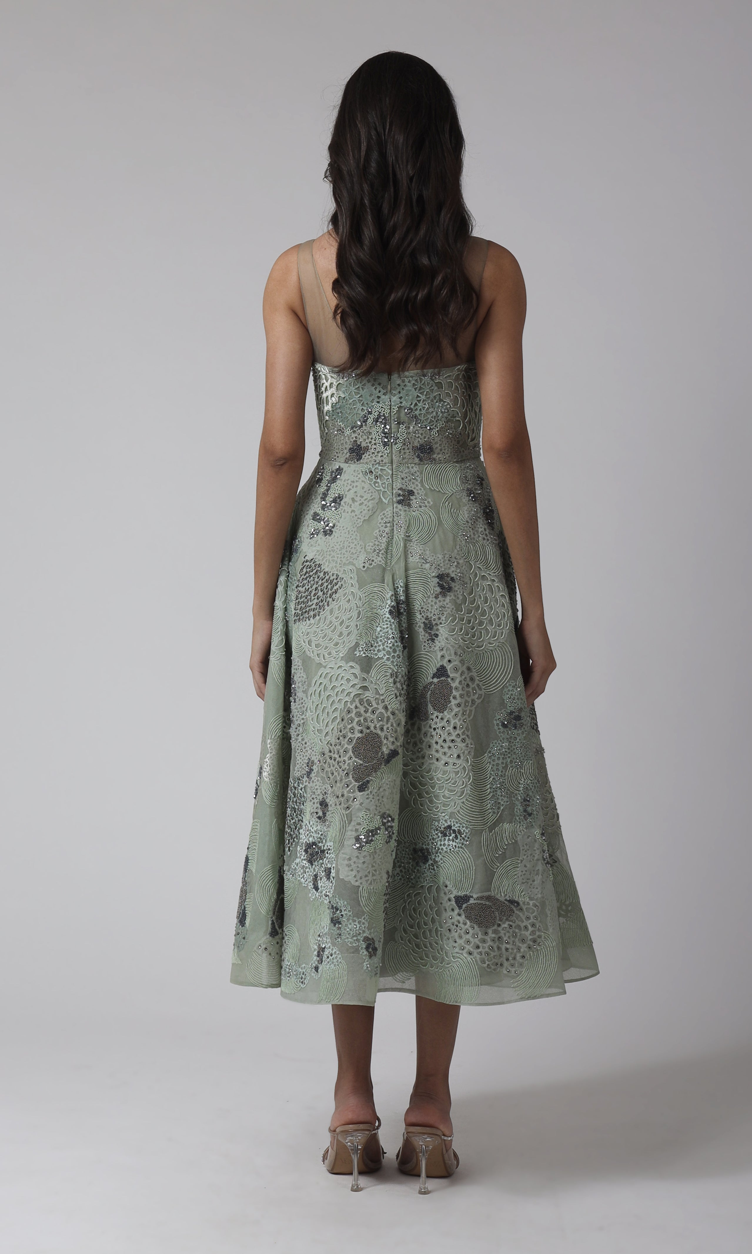 Mint Mesh Illusion Neckline Party Dress
