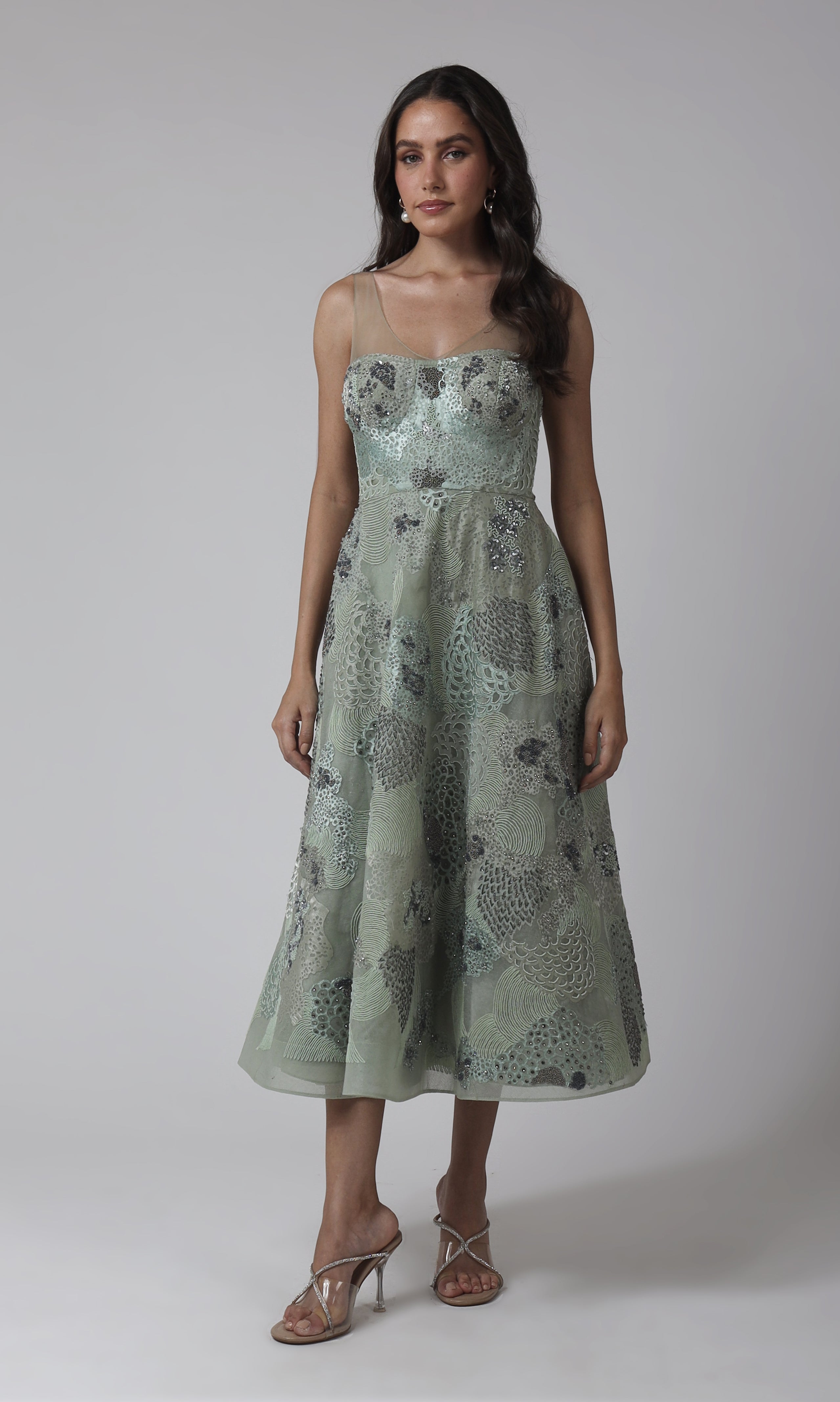 Mint Mesh Illusion Neckline Party Dress