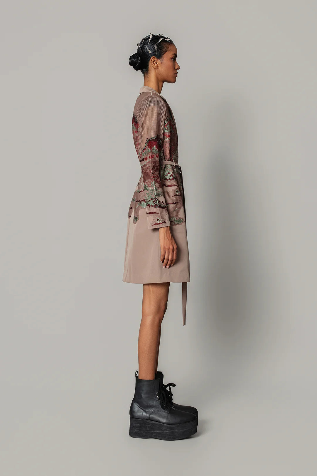 Brown Hokusai Embroidered Coat Dress