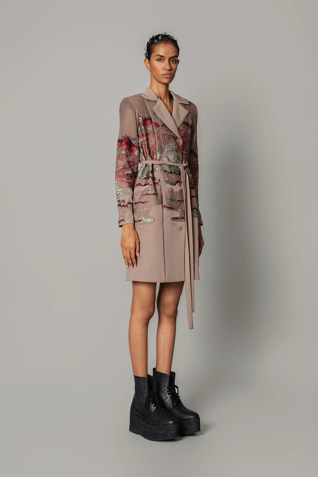 Brown Hokusai Embroidered Coat Dress