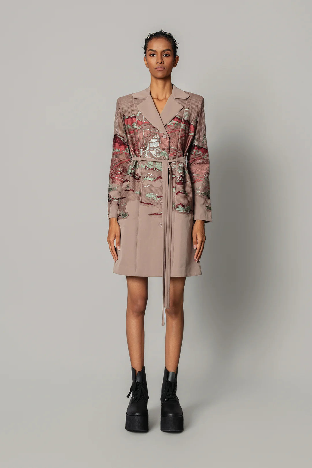 Brown Hokusai Embroidered Coat Dress