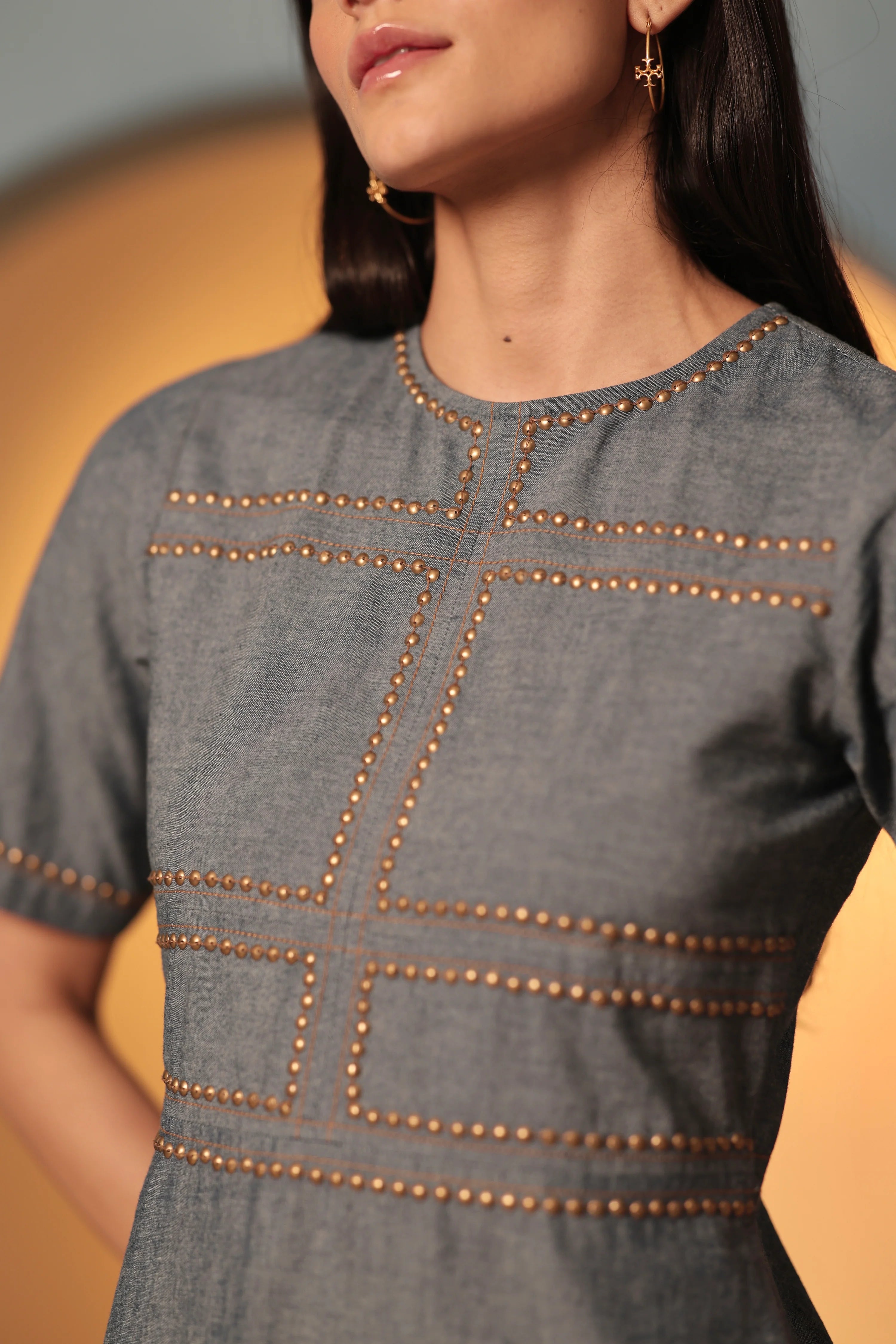 Denim Bias Studded Midi Dress