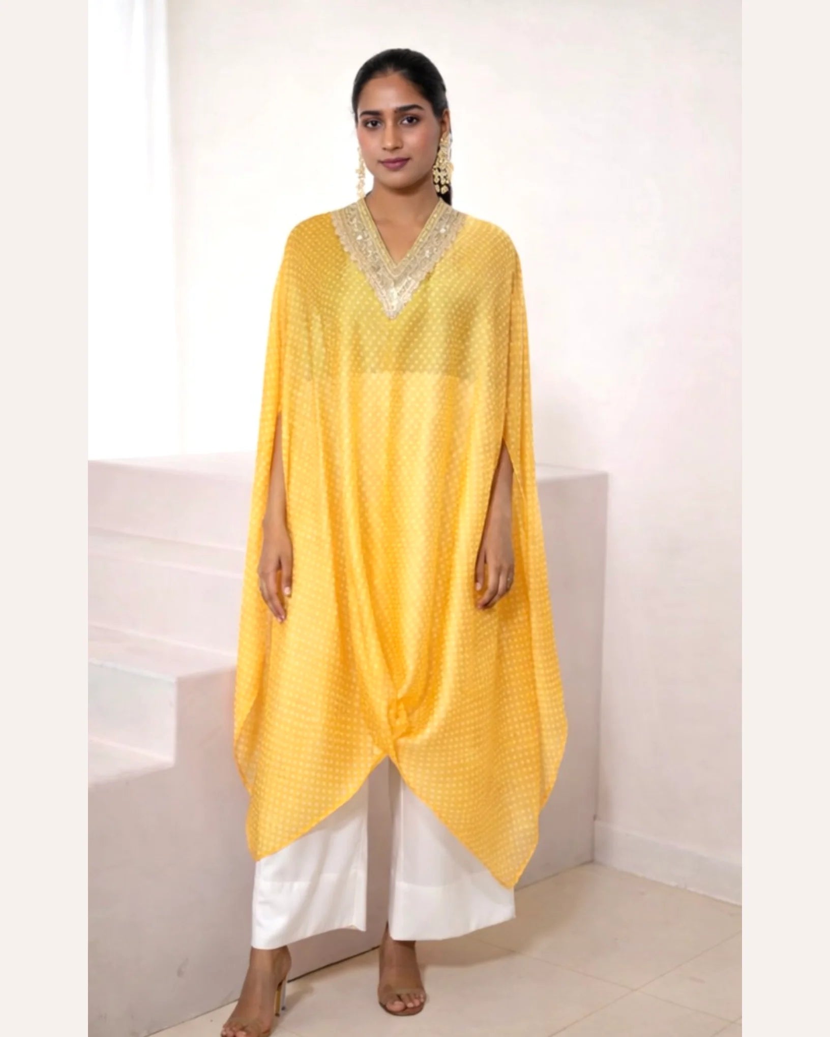 Bandhej Yellow & Gold V Neck Kurta Set