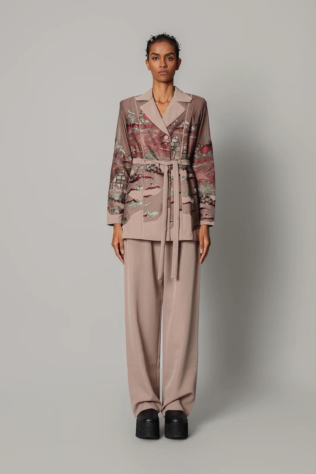 Brown Hokusai Embroidered Coat Set