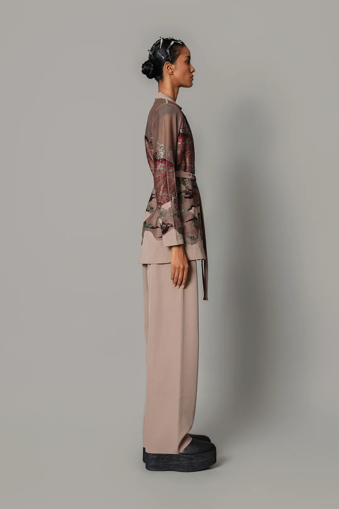 Brown Hokusai Embroidered Coat Set