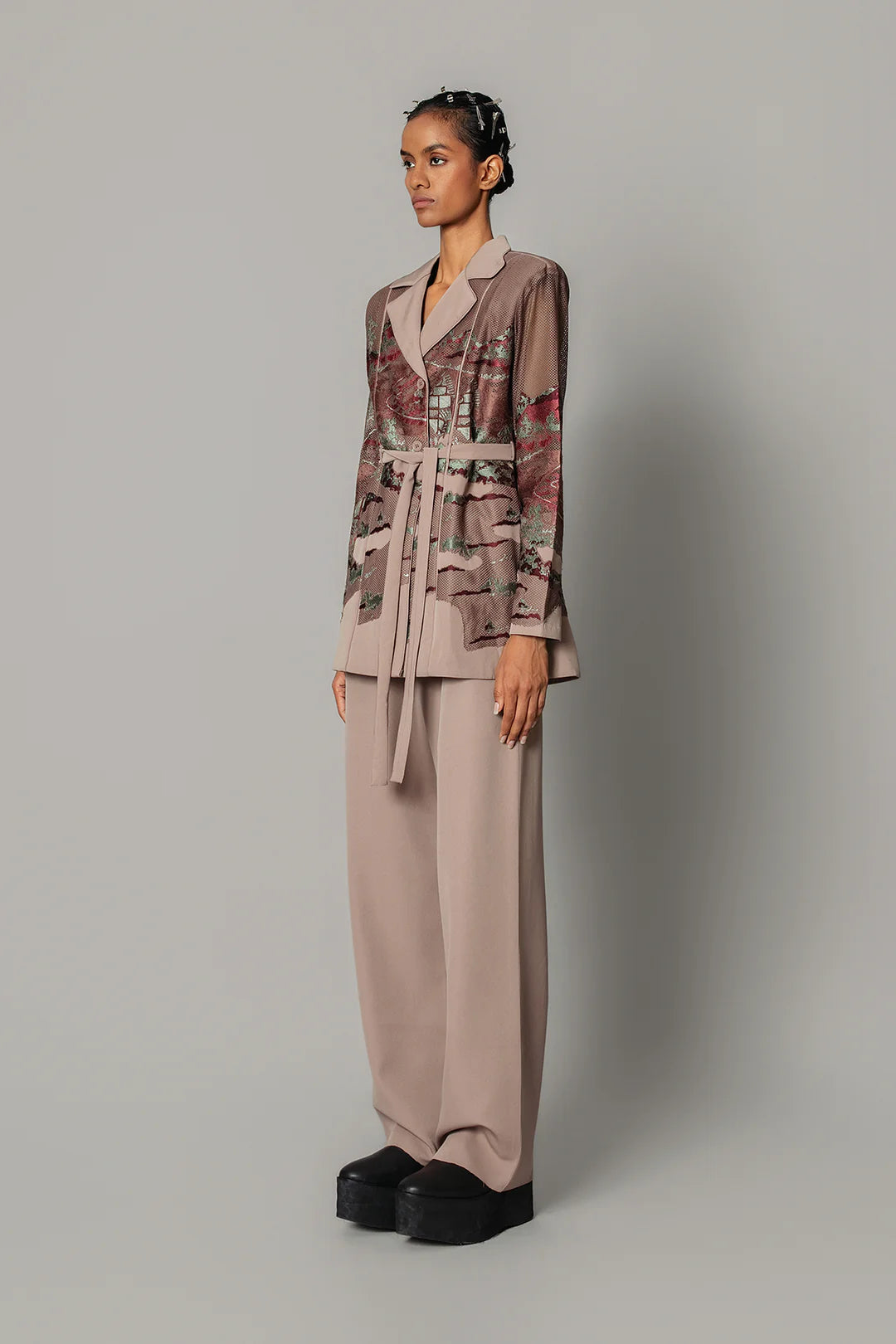 Brown Hokusai Embroidered Coat Set