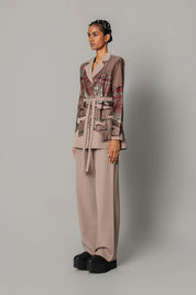 Brown Hokusai Embroidered Coat Set
