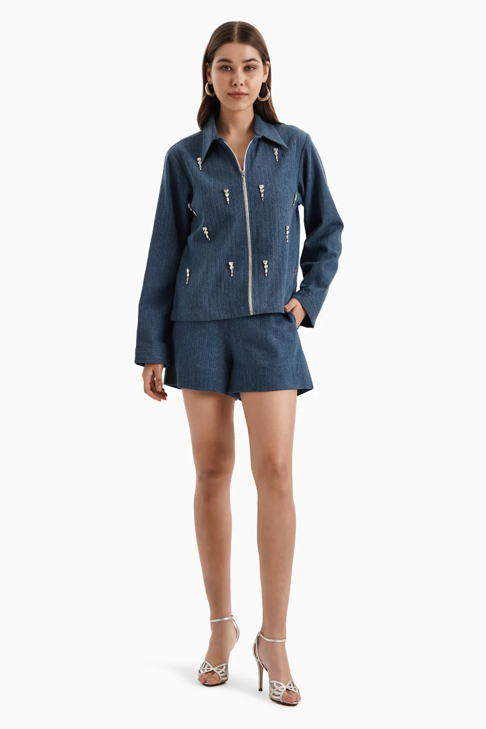 Medium Denim Herringbone Jacket and Shorts
