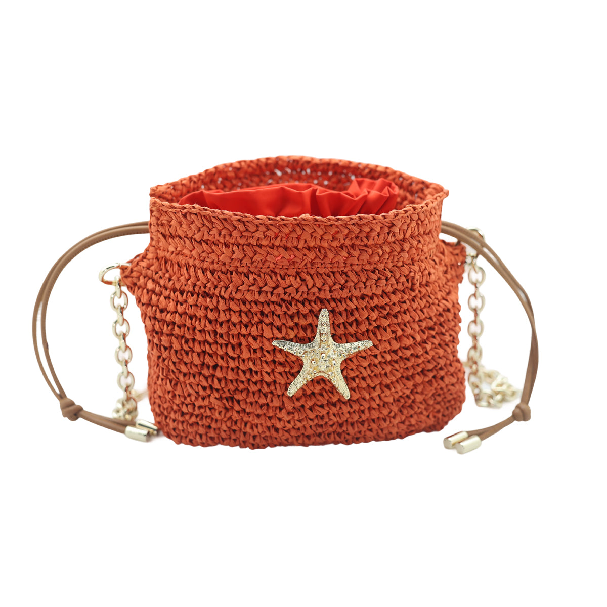 Raffia Bucket Bag With Emblem Burnt Orange