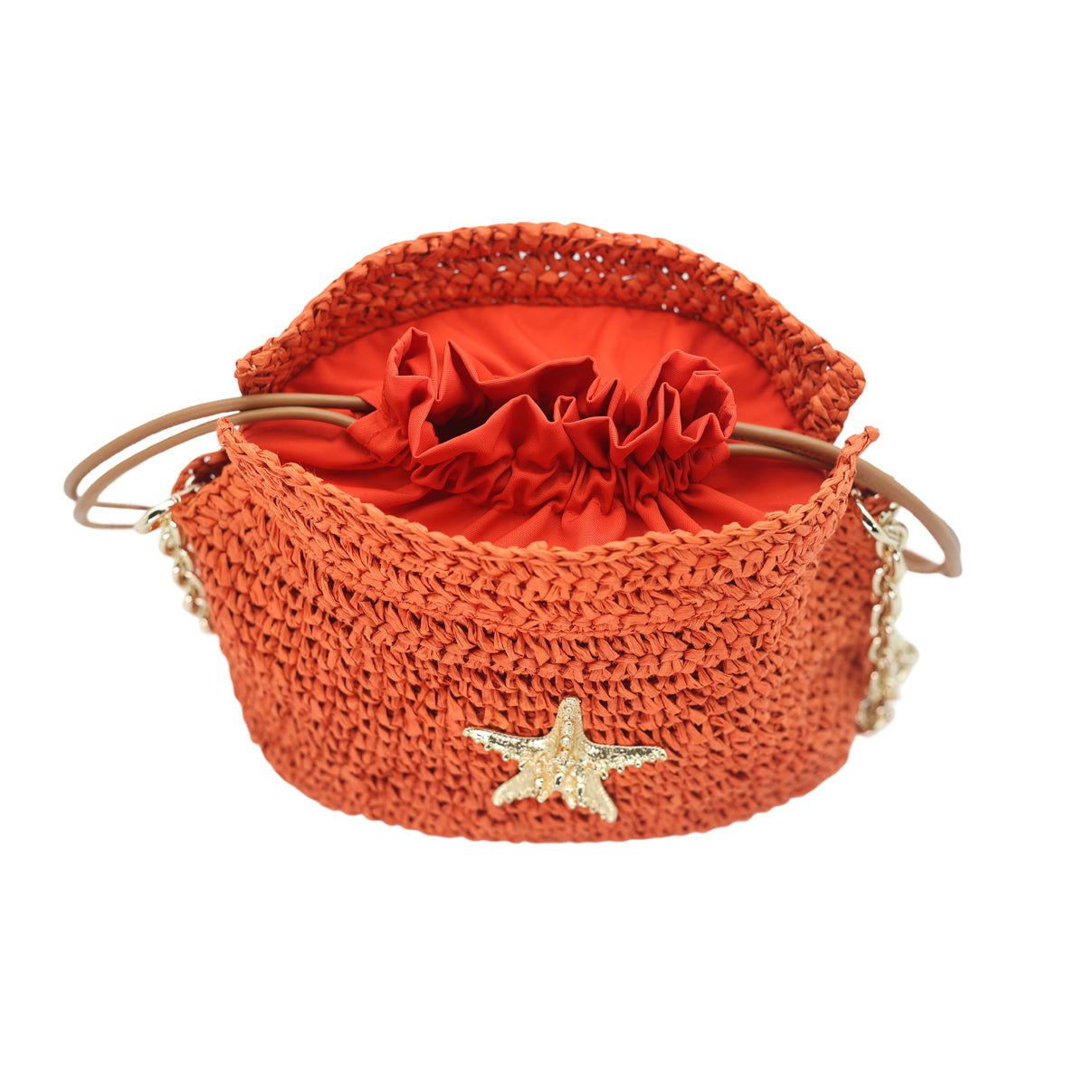 Raffia Bucket Bag With Emblem Burnt Orange