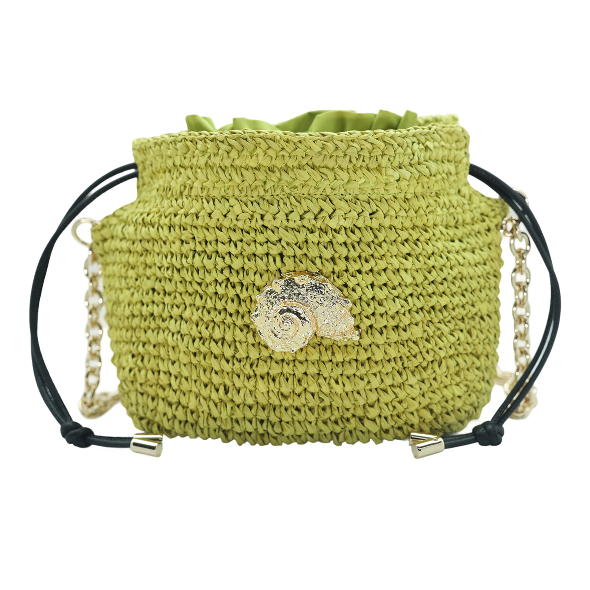 Raffia Bucket Bag With Emblem Lime Green