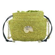 Raffia Bucket Bag With Emblem Lime Green