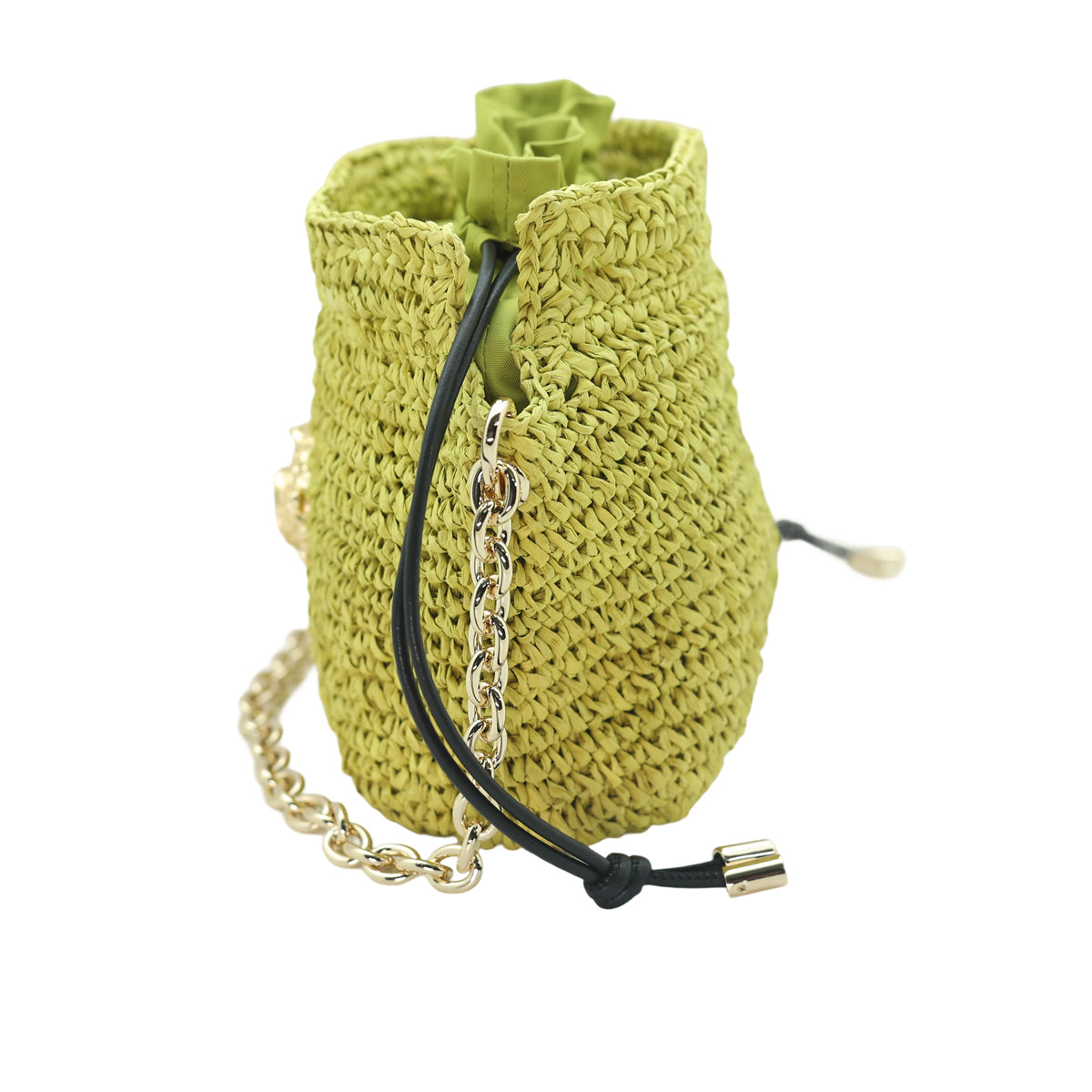 Raffia Bucket Bag With Emblem Lime Green