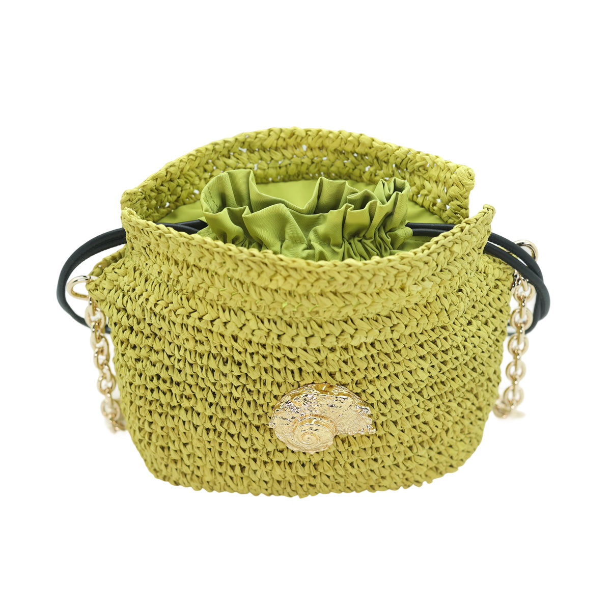 Raffia Bucket Bag With Emblem Lime Green